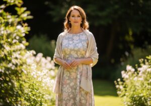 Elegantní žena v padesáti letech v pastelových šatech stojí v zahradě na svatbě, sluneční světlo zdůrazňuje její přítomnost