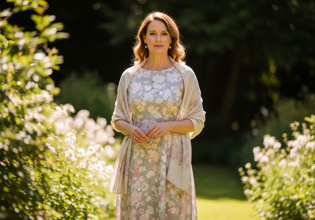 Elegantní žena v padesáti letech v pastelových šatech stojí v zahradě na svatbě, sluneční světlo zdůrazňuje její přítomnost