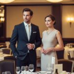 Muž a žena v elegantním oblečení na firemním banketu s bílými ubrusy a sklenicemi v pozadí.