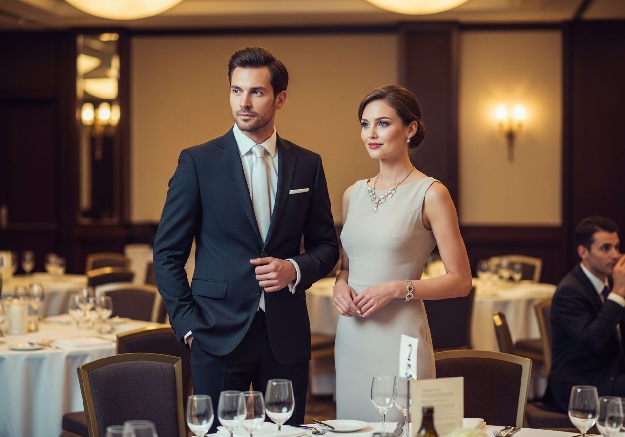 Muž a žena v elegantním oblečení na firemním banketu s bílými ubrusy a sklenicemi v pozadí.