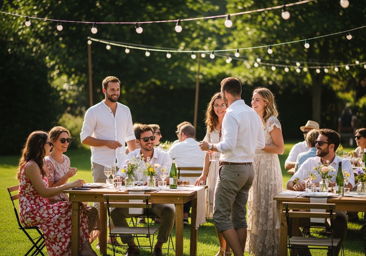 Relaxovaná venkovní svatba s hosty v lehkém oblečení u dřevěných stolů v zahradě za slunečného dne