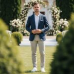 Muž v modrém saku, bílé polokošili a béžových kalhotách na svatbě venku.