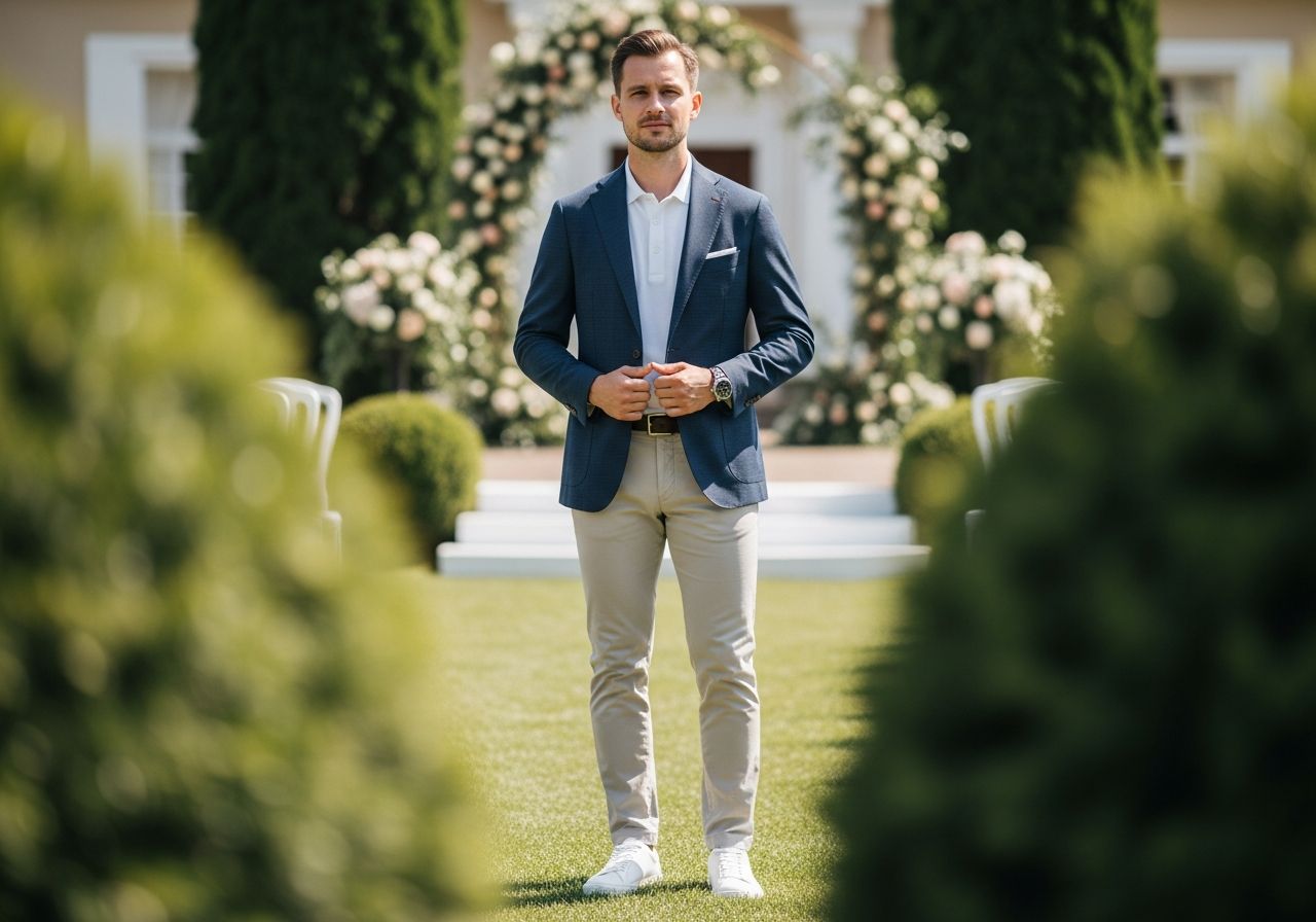Muž v modrém saku, bílé polokošili a béžových kalhotách na svatbě venku.
