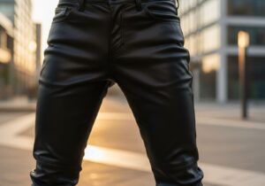 Stylové černé kožené kalhoty na pozadí rozmazané městské scény za zlaté hodiny.