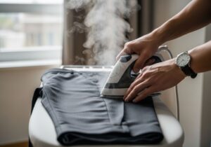 Osoba žehlí tmavé společenské kalhoty na bílém prkně, viditelná pára a přesné záhyby.