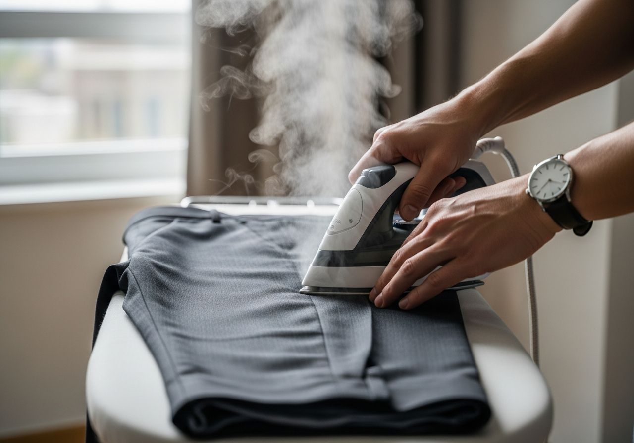 Osoba žehlí tmavé společenské kalhoty na bílém prkně, viditelná pára a přesné záhyby.