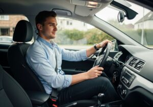 Mladý muž sedí ve voze připraven k jízdě, ruce na volantu, klidný výraz, denní světlo v interiéru auta.