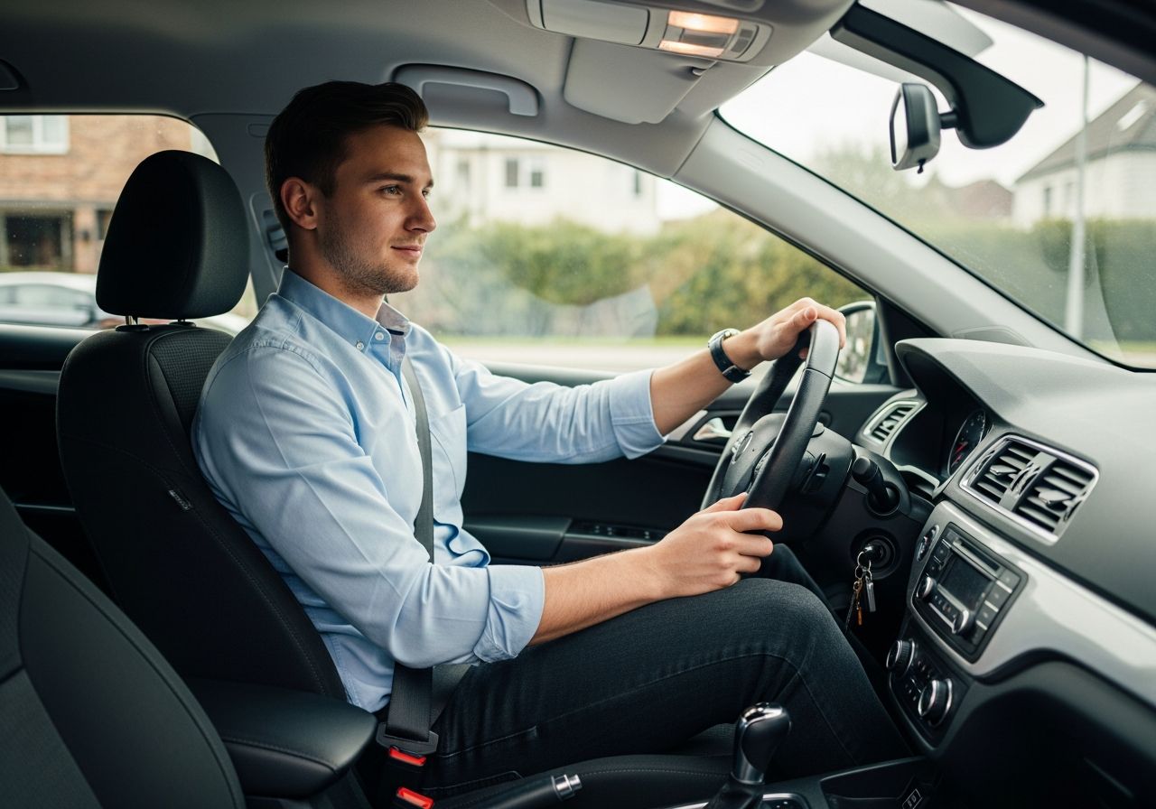 Mladý muž sedí ve voze připraven k jízdě, ruce na volantu, klidný výraz, denní světlo v interiéru auta.