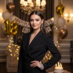 Mladá žena slaví osmnácté narozeniny v elegantním oblečení ve vzhledu přechodu do dospělosti.