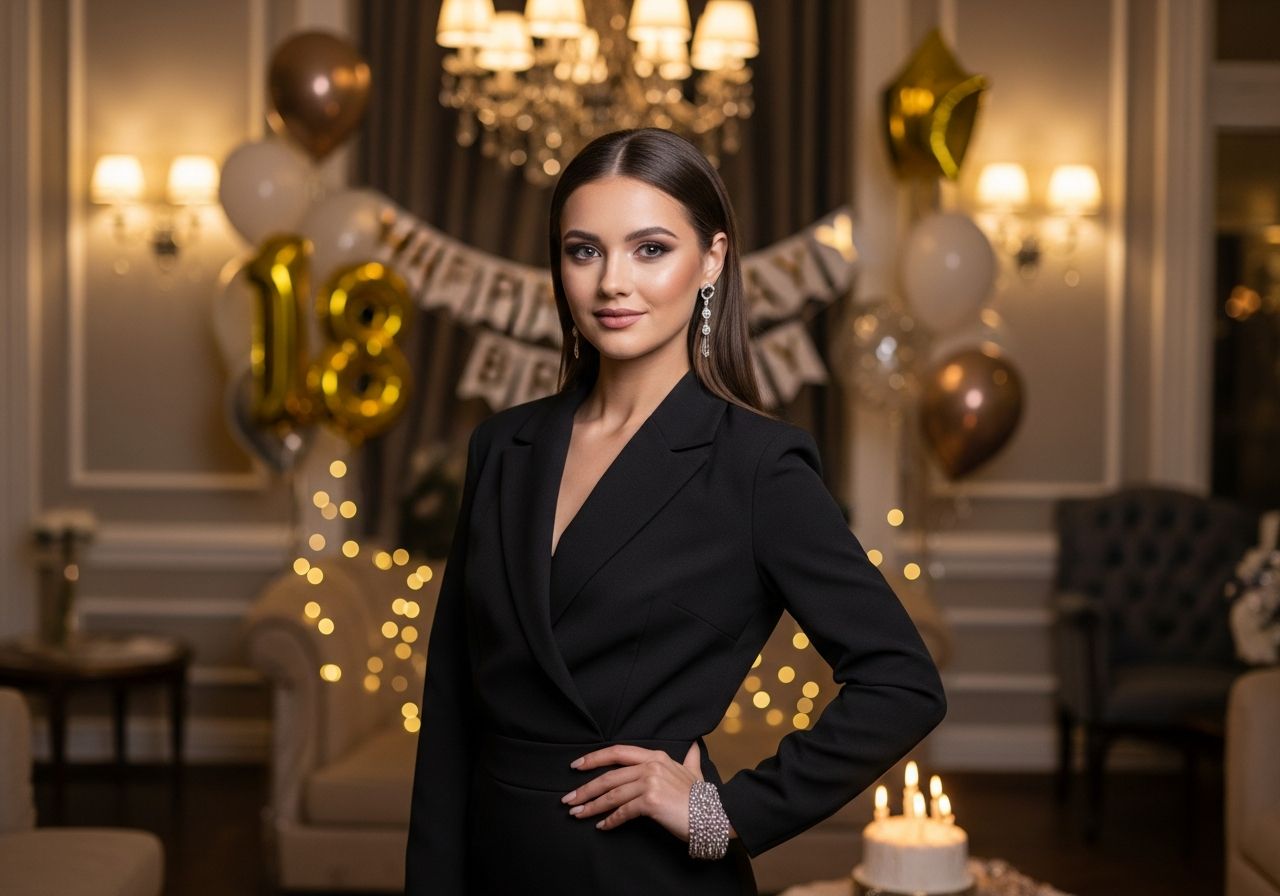 Mladá žena slaví osmnácté narozeniny v elegantním oblečení ve vzhledu přechodu do dospělosti.