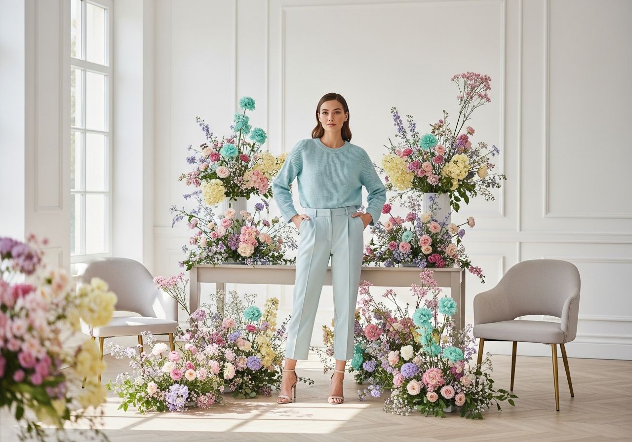 Žena v pastelovém oblečení v světlém minimalistickém pokoji s květinami a moderním nábytkem