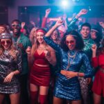 Skupina mladých lidí tančí v nočním klubu v barevných disco oblečeních pod neonovými světly.