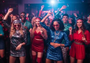 Skupina mladých lidí tančí v nočním klubu v barevných disco oblečeních pod neonovými světly.