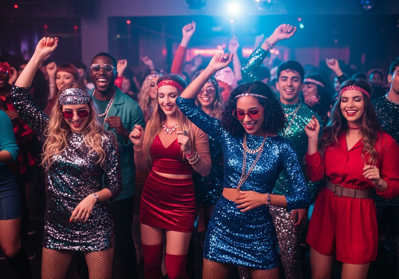 Skupina mladých lidí tančí v nočním klubu v barevných disco oblečeních pod neonovými světly.