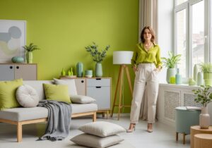 Žena v zelené blůze stojí u okna v moderním interiéru se zelenou zdí a přírodními prvky.