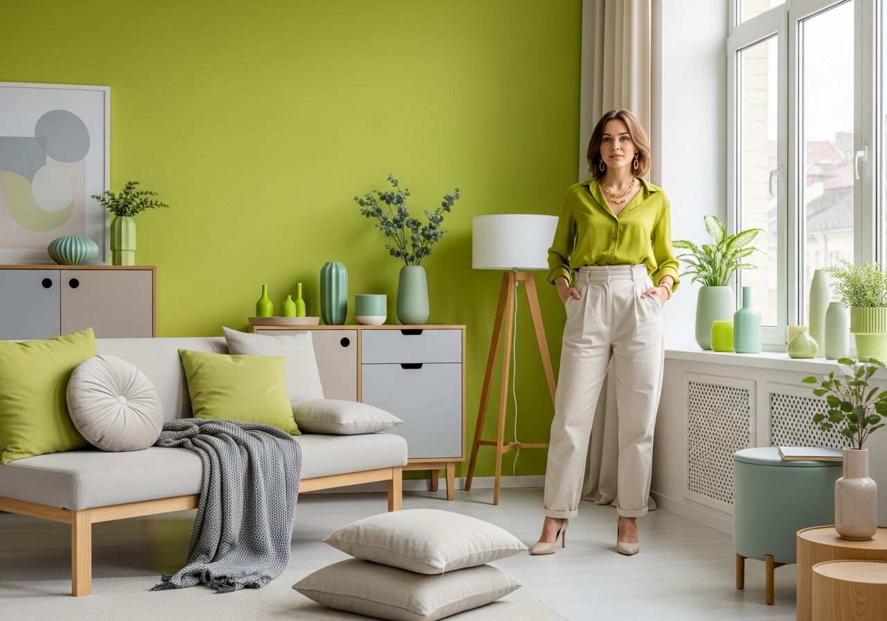 Žena v zelené blůze stojí u okna v moderním interiéru se zelenou zdí a přírodními prvky.