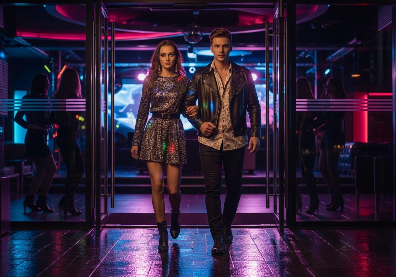 Mladý pár vstupuje do nočního klubu v zářivých disco outfitech za neonového osvětlení.