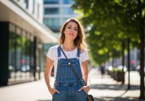 Mladá žena v džínovém overalu na městské ulici za slunečného dne s přírodními vlnami a bílým tričkem