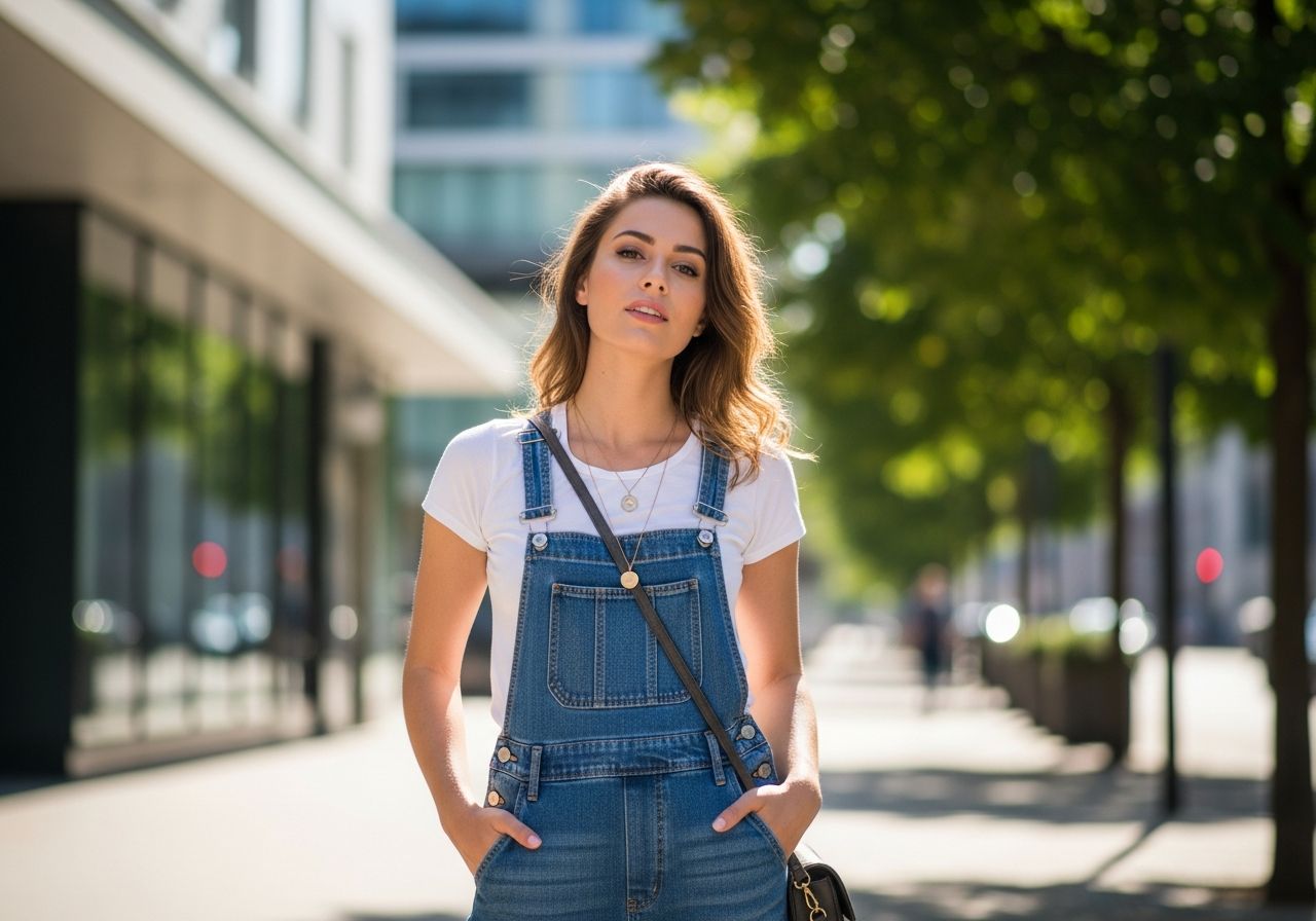 Mladá žena v džínovém overalu na městské ulici za slunečného dne s přírodními vlnami a bílým tričkem