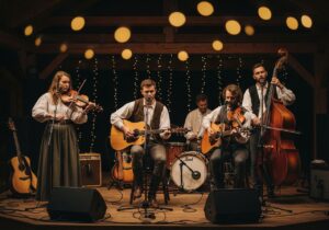 Česká folkrocková kapela hrající živě na dřevěném pódiu s vintage nástroji při zlaté hodině