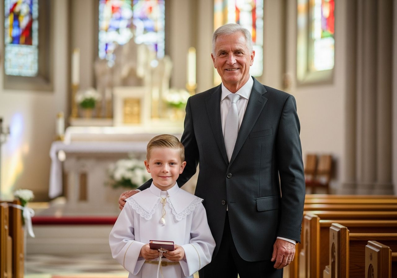 Dědeček a vnuk v kostele při první svaté přijetí, stojí spolu, drží modlitební knihu.