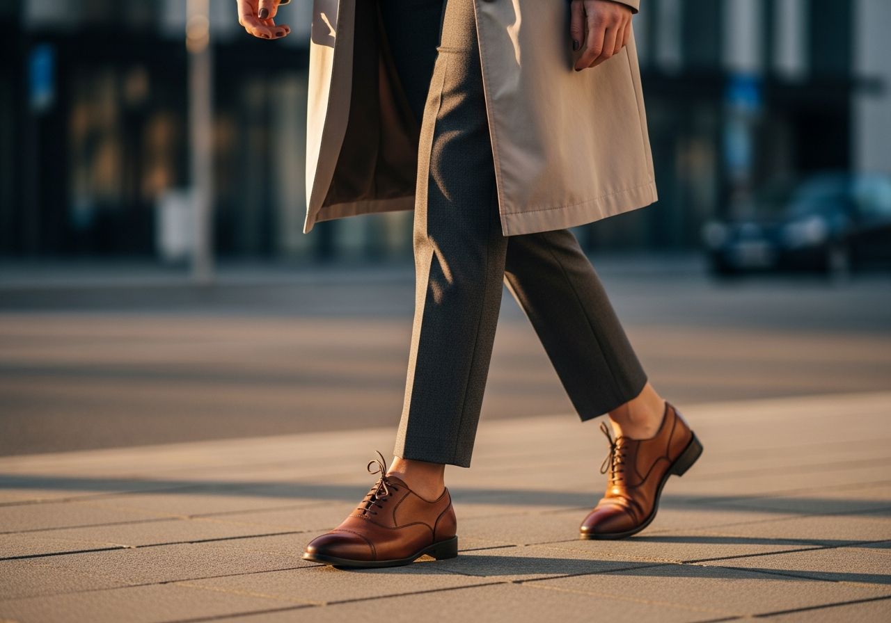 Žena v hnědých oxfordkách a kabátu kráčí městem za zlaté hodiny.