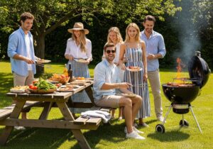 Skupina přátel na grilování na zahradě v letním oblečení u stolu s jídlem a grilem ve slunečném dni