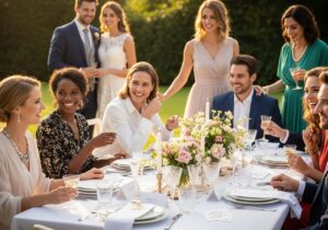 Venčanje venku za zlatnog sata s gostima, ukrašenim stolom i mladencima u pozadini
