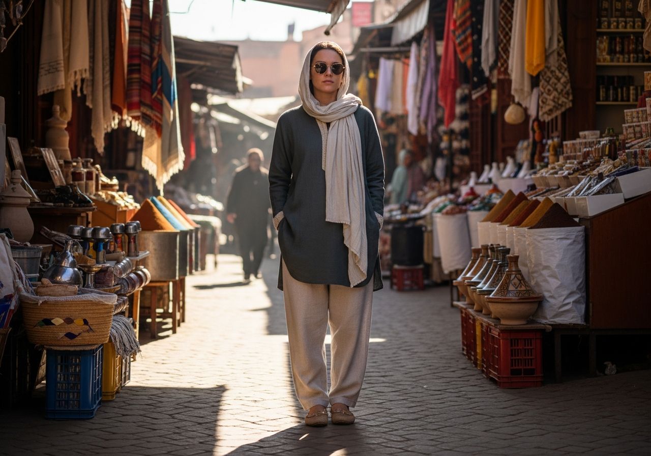 Osoba v lehkém tradičním oblečení stojí na rušném trhu v Maroku za denního světla.