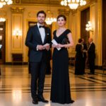 Muž a žena v elegantním oblečení stojí v lobby filharmonie s lístky a programy.