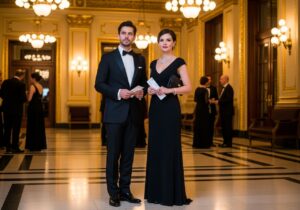 Muž a žena v elegantním oblečení stojí v lobby filharmonie s lístky a programy.