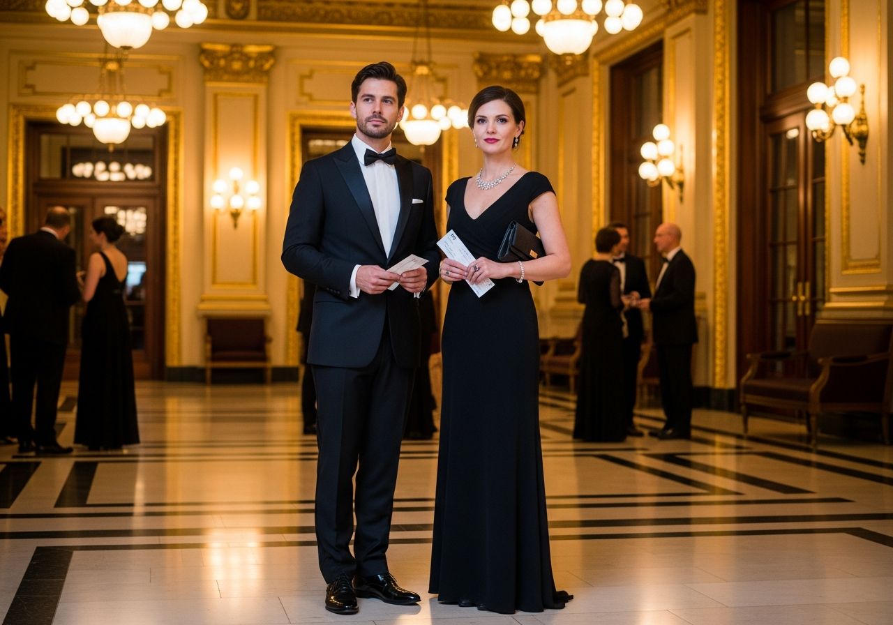 Muž a žena v elegantním oblečení stojí v lobby filharmonie s lístky a programy.