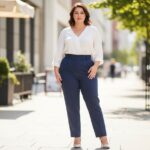 Plus size žena s jablkovým tvarem v městském prostředí v moderním oblečení, stojící s rukou na bocích.