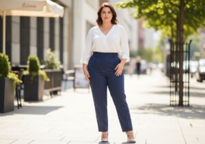 Plus size žena s jablkovým tvarem v městském prostředí v moderním oblečení, stojící s rukou na bocích.