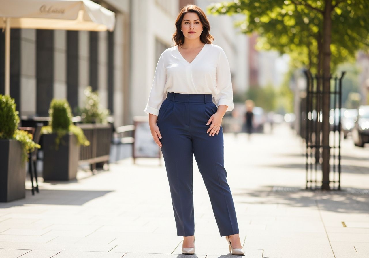 Plus size žena s jablkovým tvarem v městském prostředí v moderním oblečení, stojící s rukou na bocích.