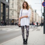 Mladá žena v městském prostředí v vzorovaných legínách, bílé košili a černých kotníkových botách.