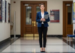 Mladá profesionálka v univerzitní chodbě drží složku a pero, oblečená v tmavém saku a kalhotách