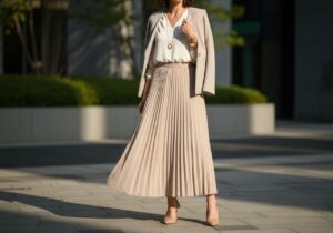 Žena ve městě v béžské plisované sukni a bílé košili, jednoduchý outfit s lodičkami a minimalistickými doplňky