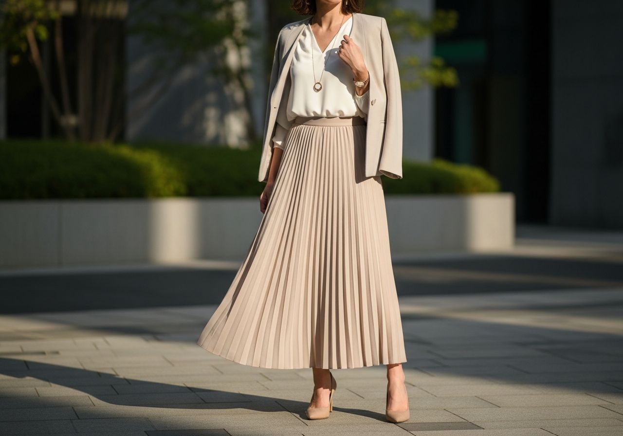 Žena ve městě v béžské plisované sukni a bílé košili, jednoduchý outfit s lodičkami a minimalistickými doplňky