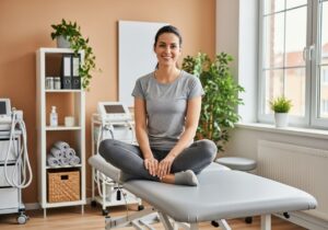 Žena v pohodlném sportovním oblečení sedí na ošetřovacím stole v jasné fyzioterapeutické klinice.