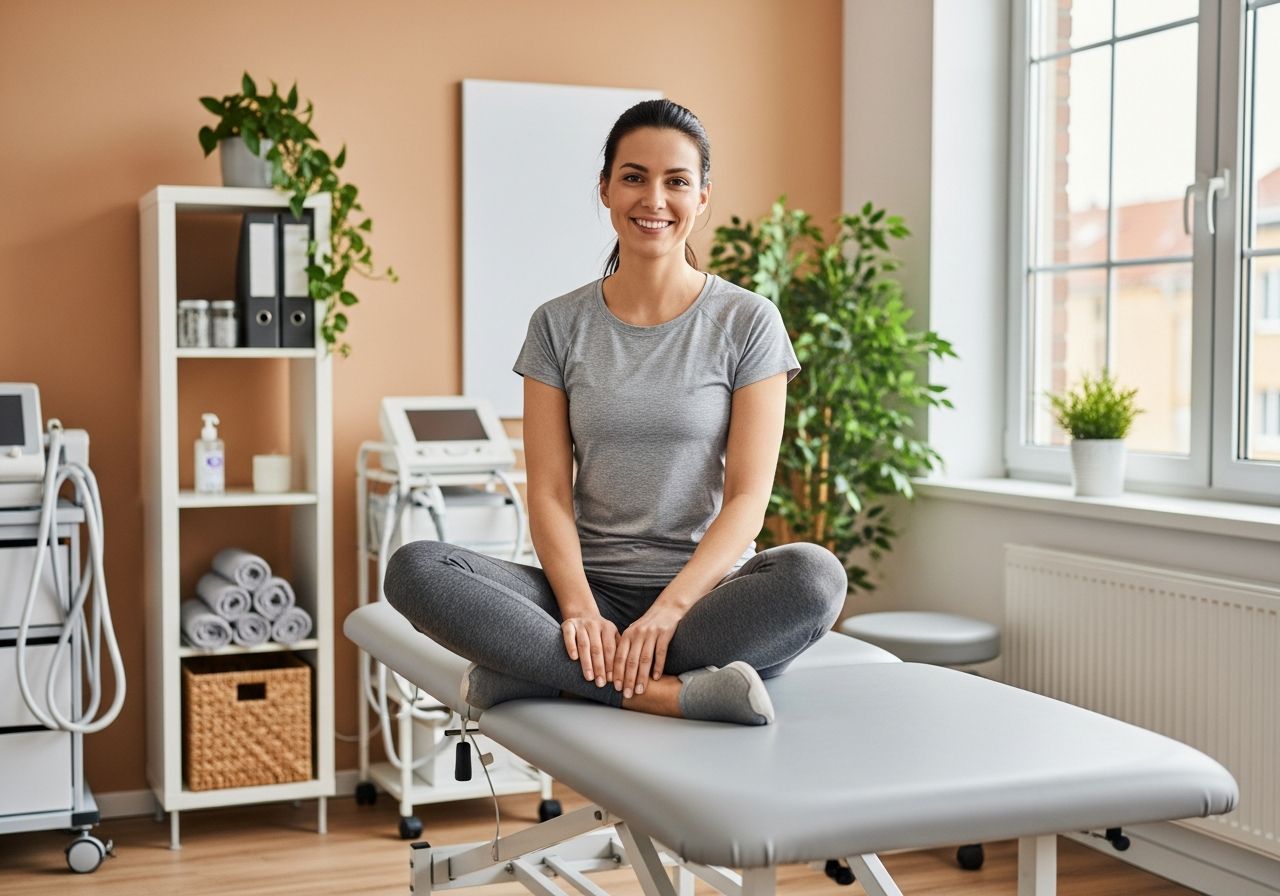 Žena v pohodlném sportovním oblečení sedí na ošetřovacím stole v jasné fyzioterapeutické klinice.