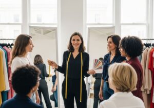 Profesionální stylistka ukazuje analýzu postavy různým ženám ve světlém ateliéru.