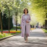 Stylová žena v lehkém jarním kabátu kráčí po městské ulici s květinami a zelení za slunečného dne.