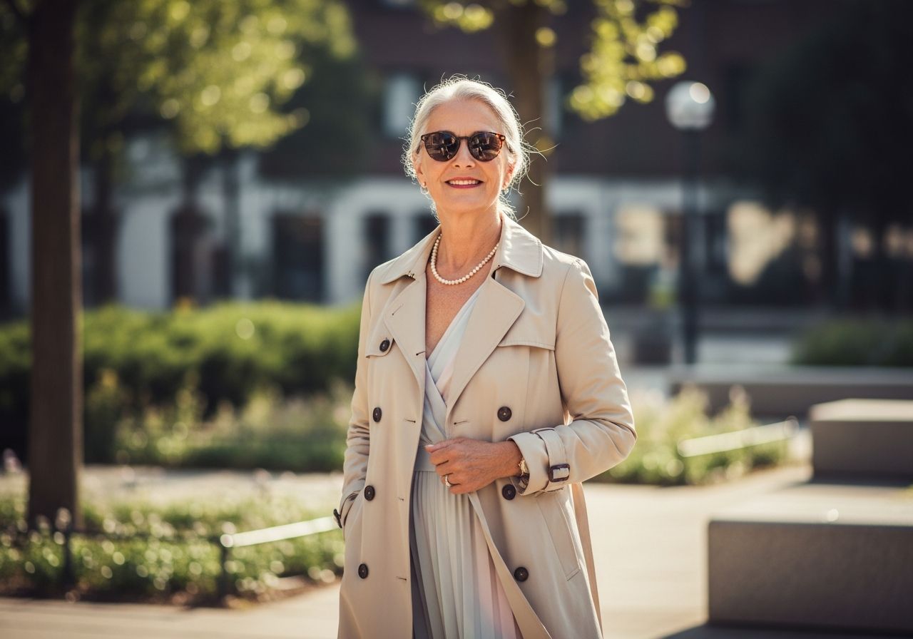 Elegantní seniorka v béžovém trenčkotu a slunečních brýlích stojí v městském parku s rozostřeným pozadím.
