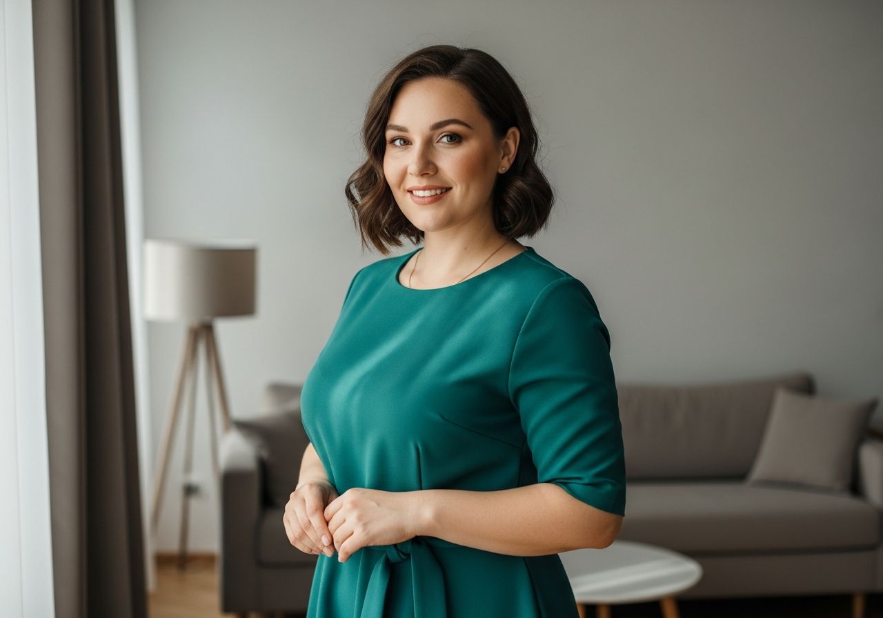 Sebevědomá drobná žena v elegantních šatech stojí v moderním interiéru při přirozeném světle.