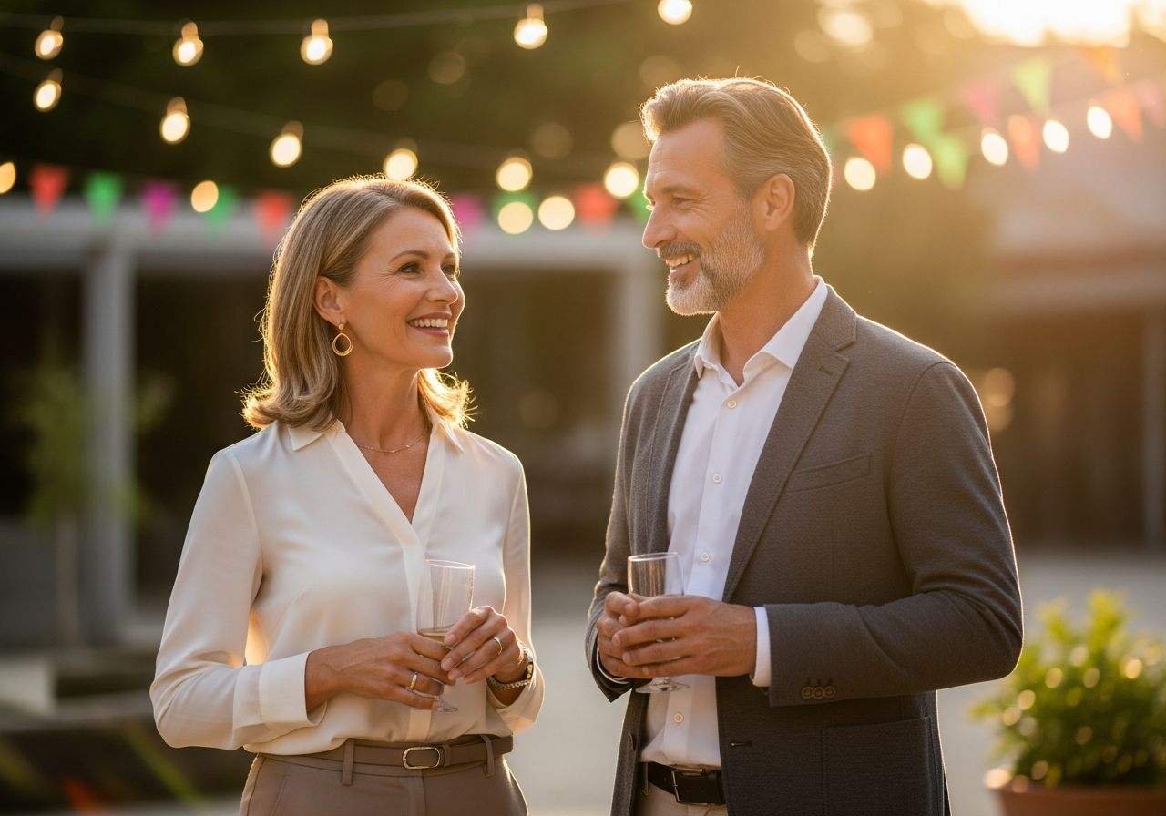 Středně věkový pár v elegantním smart casualu se usmívá na venkovní setkání po letech.