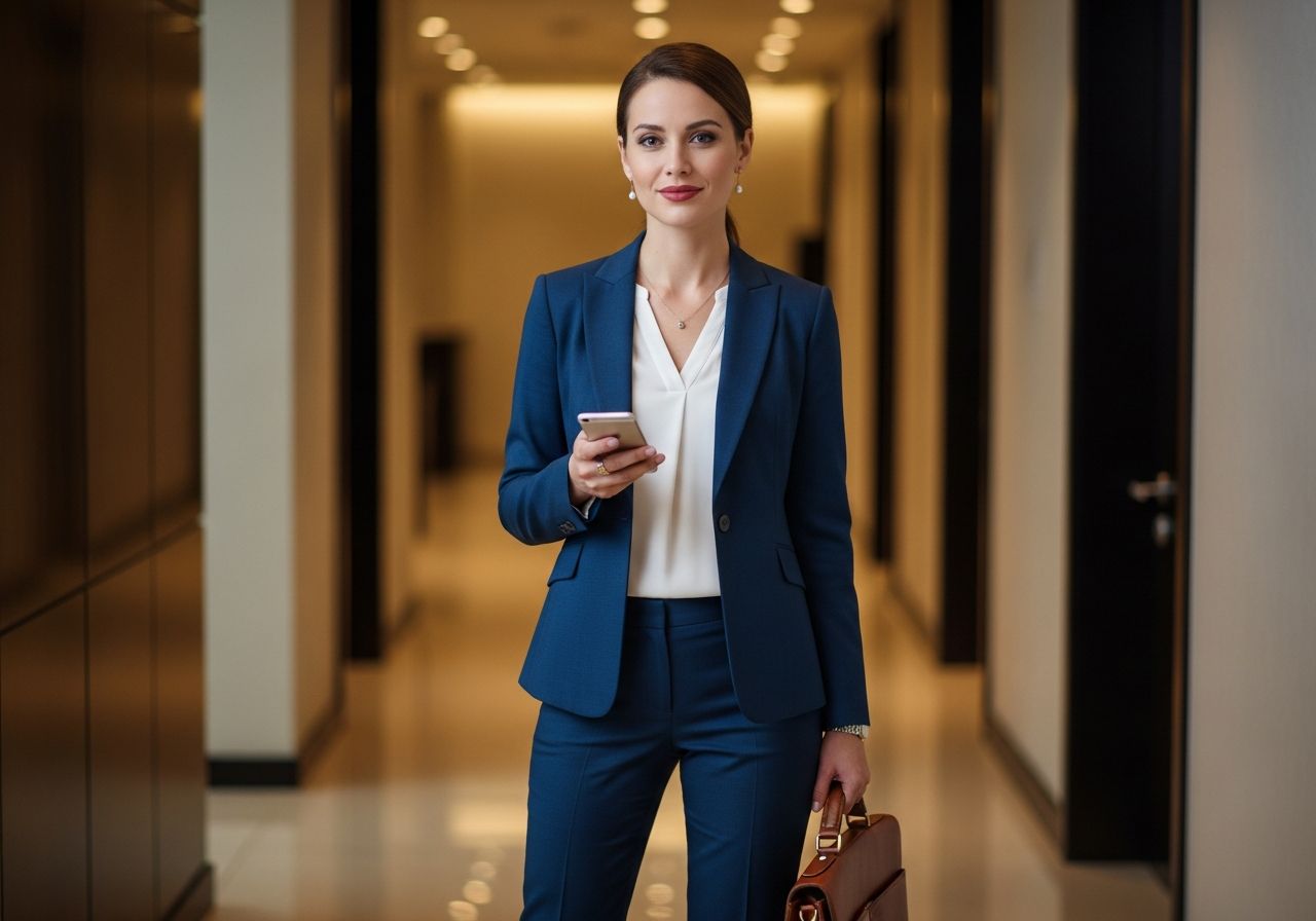 Businesswoman v kanceláři s koženou aktovkou a smartphonem v ruce ve slušivém obleku