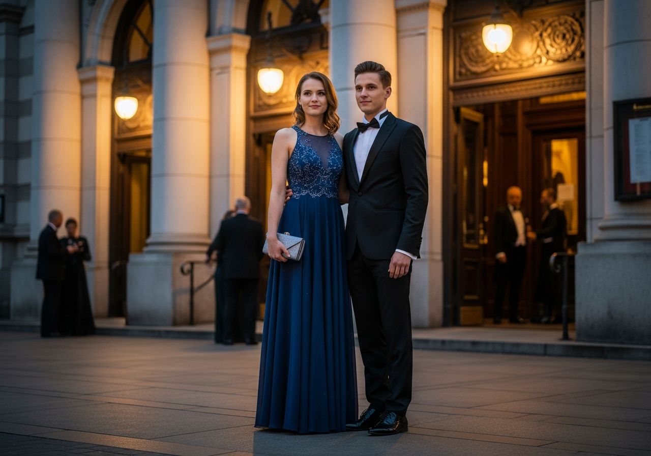 Mladý pár v elegantním oblečení před historickou koncertní síní večer na filharmonii