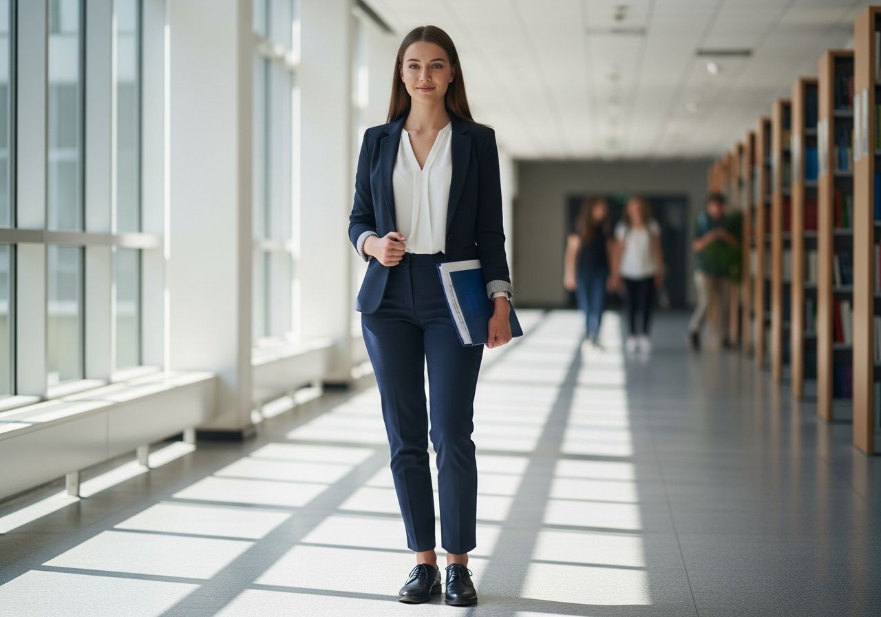 Mladá žena drží složku s diplomovou prací v univerzitní chodbě před prezentací