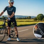 Cyklista v kompletním oblečení stojí u silničního kola na venkovské cestě za ranního světla